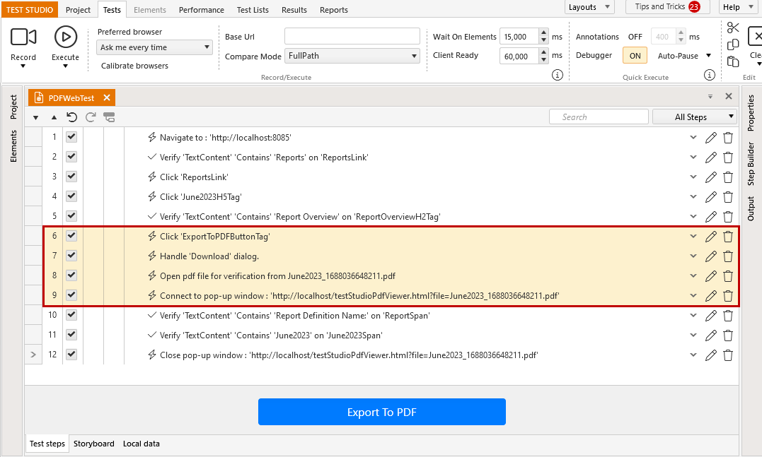 Steps recorded automatically for test automation pdf