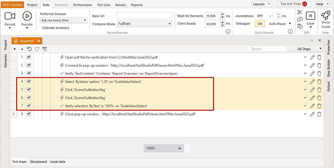 steps recorded against the pdf control toolbar