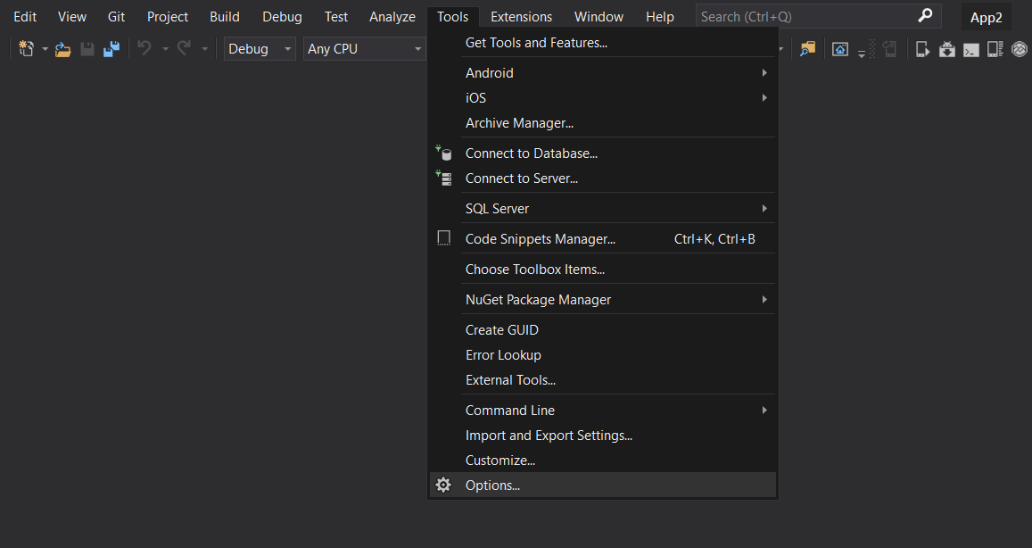Telerik Menu in Visual Studio Options