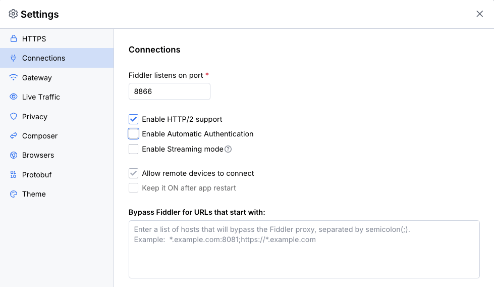 default Connections settings