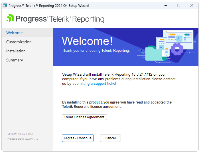 The Welcome Page of the Telerik Reporting Installation Wizard