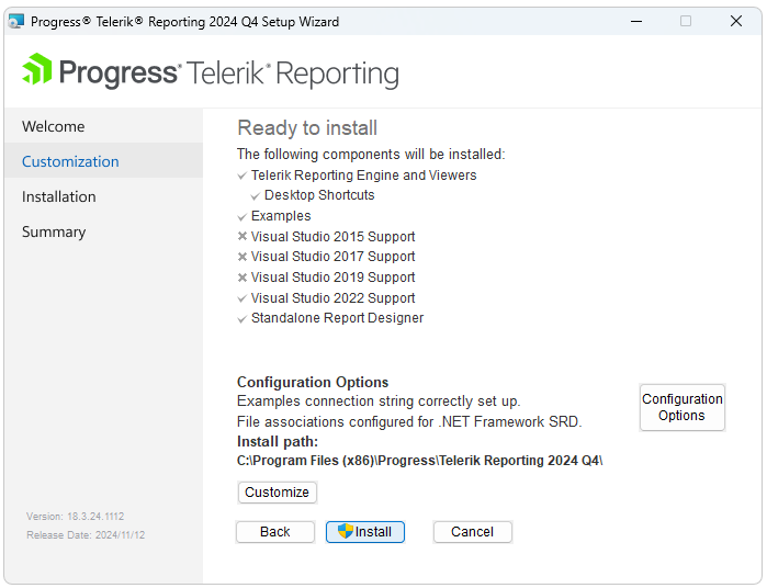 The Configuration Page of the Telerik Reporting Installation Wizard